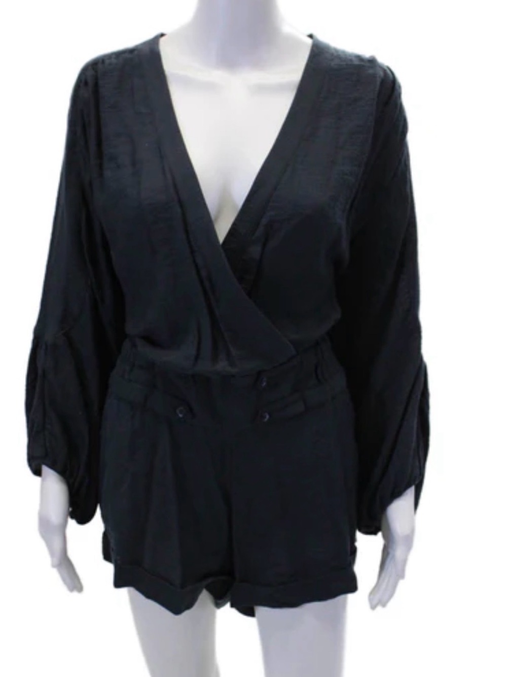 BCBGMAXAZRIA Womens 3/4 Sleeve V Neck Woven Romper Navy Blue -Small